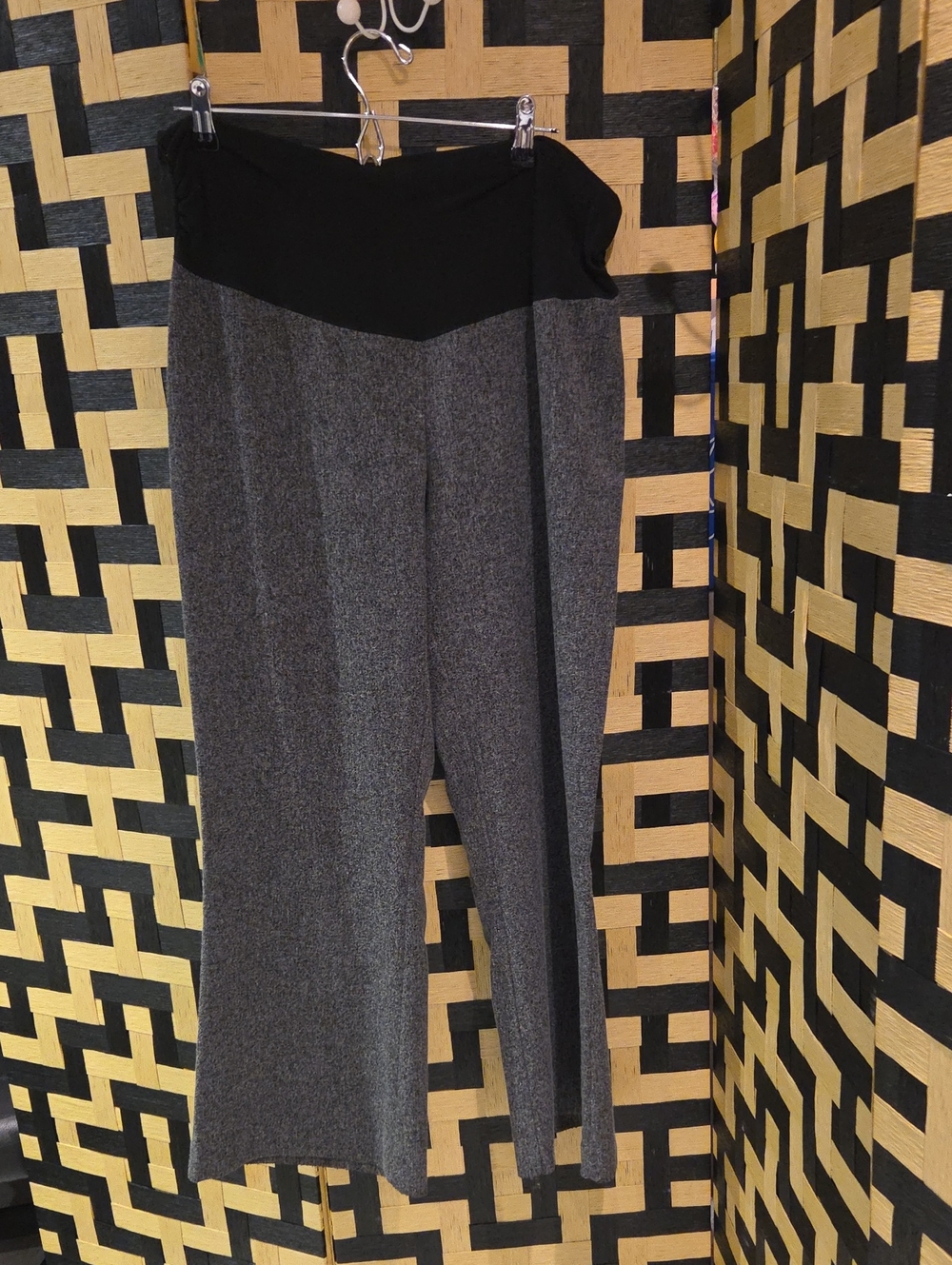 Wide-Leg Gray Knit Pants with Black Waist Panel